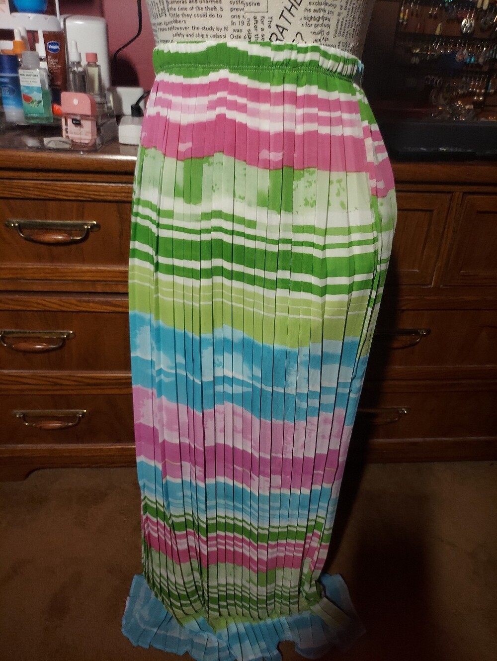 Yummy Plus Multicolor Striped Pleated Knit Pull-On Long Skirt 1X Elastic Waist